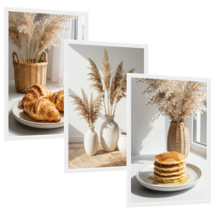 Zestaw 3 plakatów: Croissanty i suszone trawy przy oknie, Pampasy w ceramicznych wazonach, Naleśniki i suszone kwiaty na stole