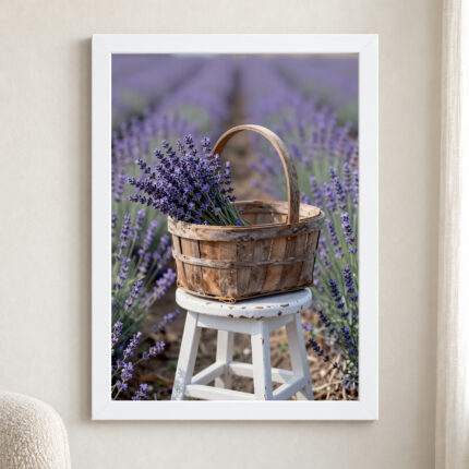 Kosz pełen fioletowej lawendy na rustykalnym drewnianym stołku